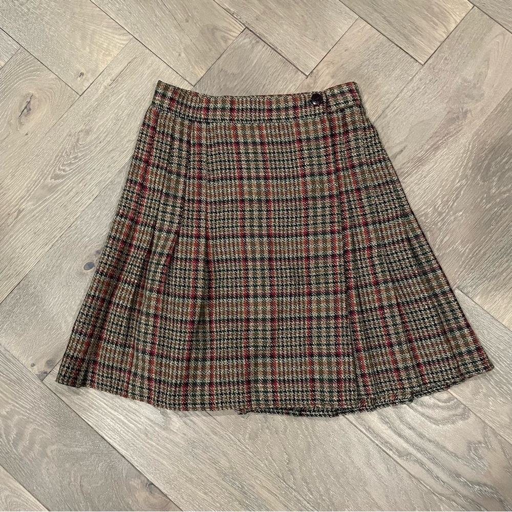Brown plaid wool pleated wrap skirt